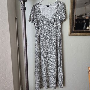 Lindex Floral V-Neck Tie Waist Midi Dress Black White L Viscose